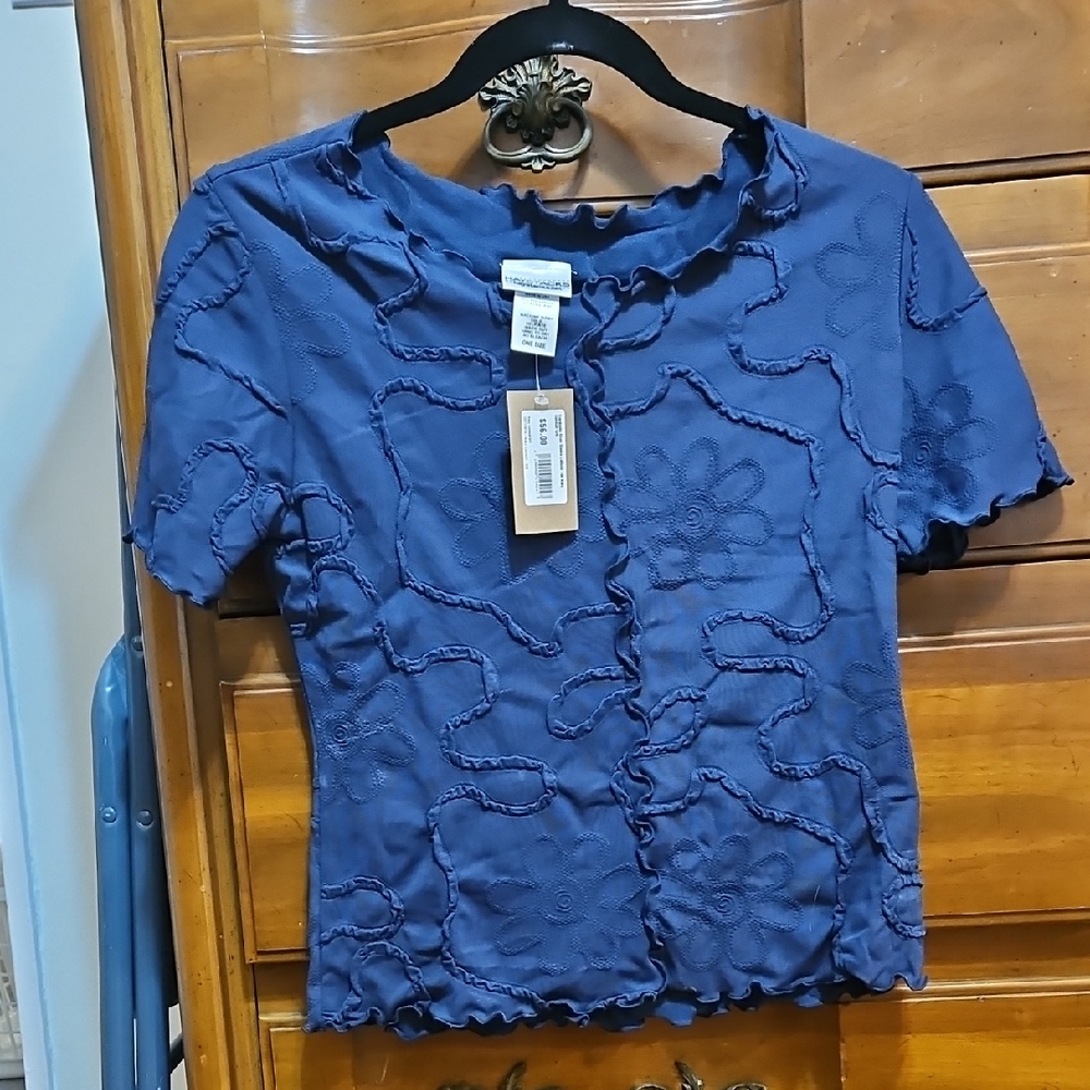 NWT Women's Navy Floral Textured Blouse One Size Fits Most